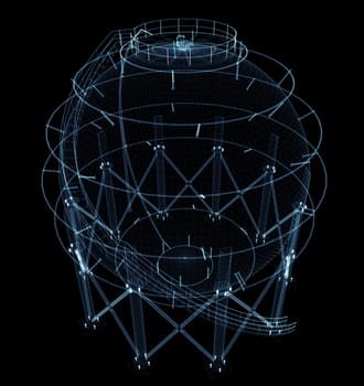 Spherical gas tank consisting of luminous lines and dots. 3d illustration on a black background