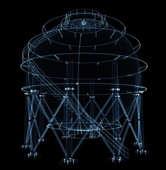 Spherical gas tank consisting of luminous lines and dots. 3d illustration on a black background