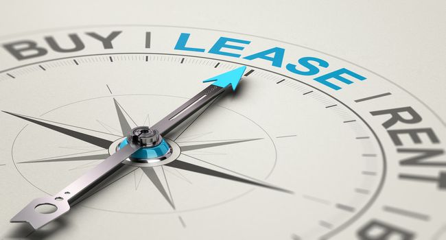 Conceptual compass with needle pointing the word lease. Concept of choosing between buying, renting or leasing a car or an equipment. 3D illustration