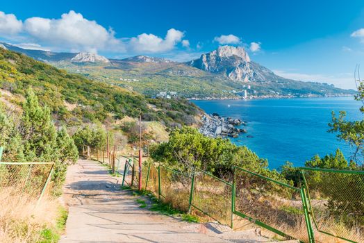 the road leading to the bay with beautiful beautiful views of the sea and mountains, the landscape of the Crimea