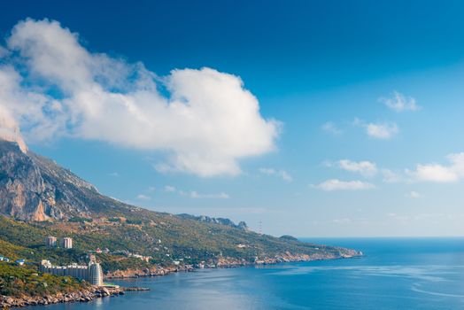 Seascape, mountains and horizon, picturesque view of the Crimean peninsula, Russia