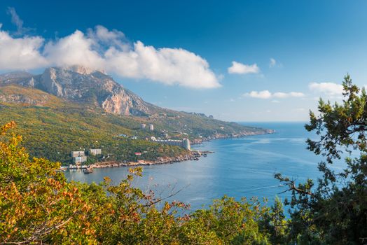 High rocky mountain by the sea, picturesque view of the bay