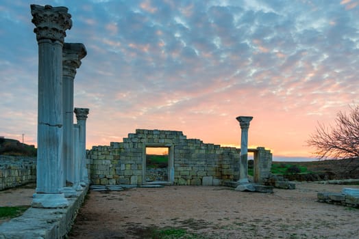 Sightseeing of the Crimea peninsula - ancient Chersonese at sunset near the Black Sea, Russia