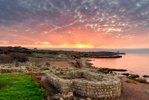 View of the ruins of Ancient Chersonesos at sunset, picturesque landscape, Crimea, Russia