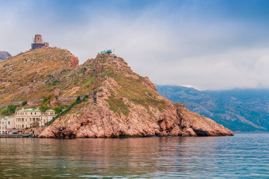 View of the mountain and fortress Cembalo in Balaklava bay, Russia Crimea