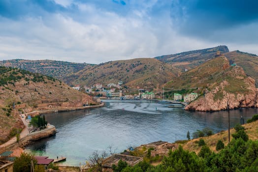 View of the bay and the city of Balaklava from above, Crimean peninsula, Russia