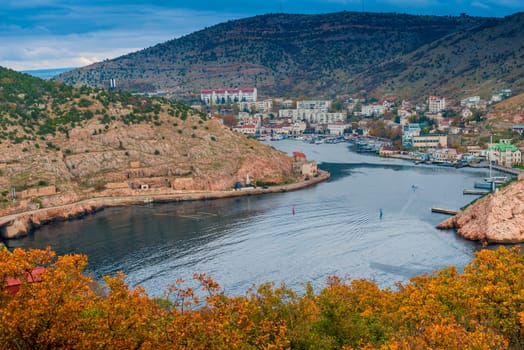 Balaclava, the Crimean peninsula, beautiful rocky mountains and the city on the shore of the bay, Russia