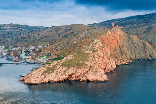 Crimean peninsula, beautiful rocky mountains and the city on the shore of the bay, Russia