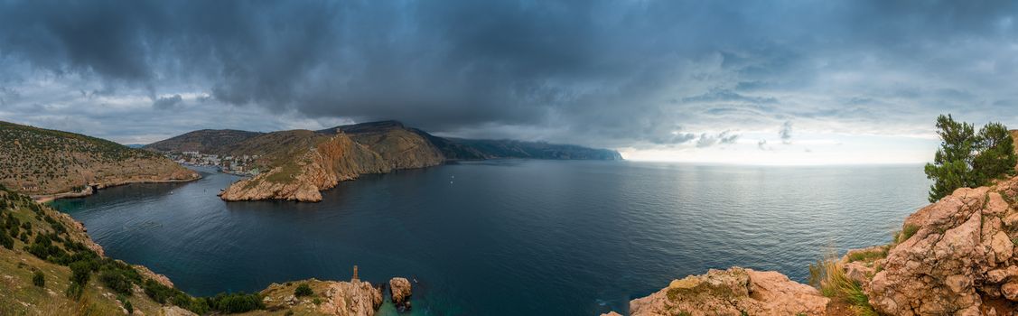 Panoramic dramatic view of the sea and Balaklava bay in Crimea, Russia
