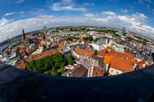 Fisheye aerial view of Riga city from st. Peter's church in Latvia. Panoramic view of Riga with cloudy blue sky. Fisheye lens.