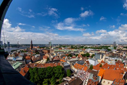 Fisheye aerial view of Riga city from st. Peter's church in Latvia. Panoramic view of Riga with cloudy blue sky. Fisheye lens.