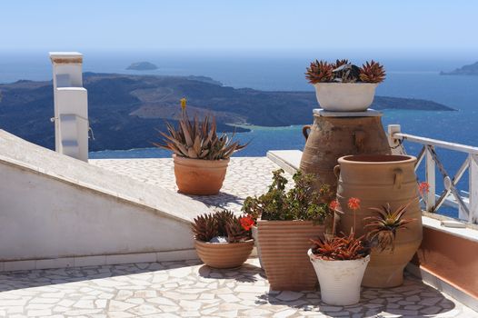 Typical street view of Fira village, Santorini island, Greece