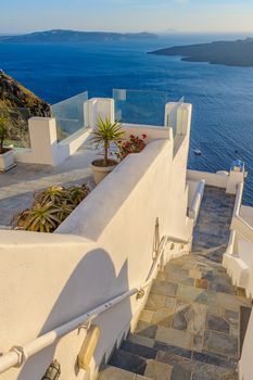 Typical street view of Fira village at Santorini island, Greece