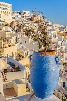 Typical view of Fira village at sunset, Santorini island, Greece