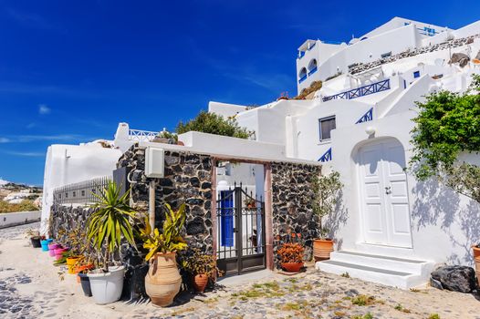 Typical street view of Fira village at Santorini island, Greece