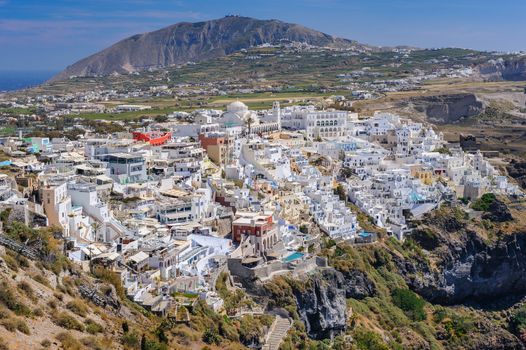 Fira village high angle daytime whole view at Santorini island, Greece