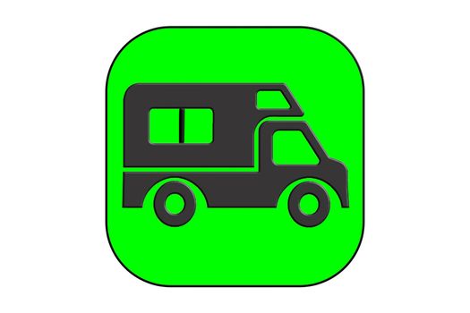 Black silhouetted RVs, Camper vans/ camping cars, truck trailers, flat design icons, isolated on green background