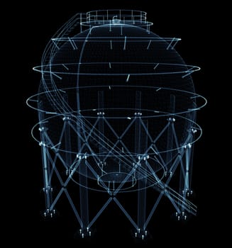 Spherical gas tank consisting of luminous lines and dots. 3d illustration on a black background