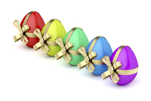 Colorful Easter eggs with golden ribbons on white background