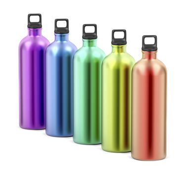 Colorful aluminum water bottles on white background