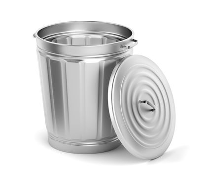 Empty metal bin with lid on white background