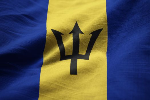 Closeup of Ruffled Barbados Flag, Barbados Flag Blowing in Wind