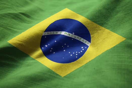 Closeup of Ruffled Brazil Flag, ​Brazil Flag Blowing in Wind