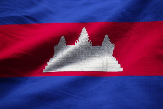 Closeup of Ruffled Cambodia Flag, Cambodia Flag Blowing in Wind