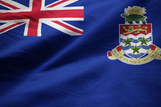 Closeup of Ruffled Cayman Islands Flag, Cayman Islands Flag Blowing in Wind