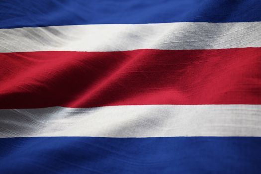 Closeup of Ruffled Costa Rica Flag, Costa Rica Flag Blowing in Wind
