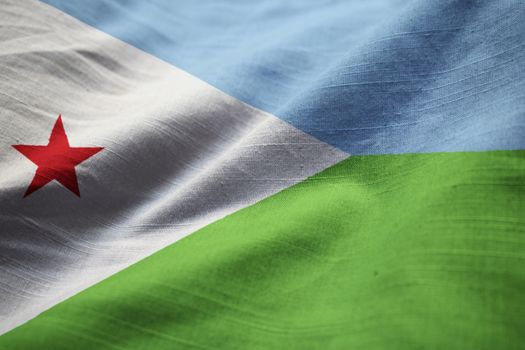 Closeup of Ruffled Djibouti Flag, Djibouti Flag Blowing in Wind