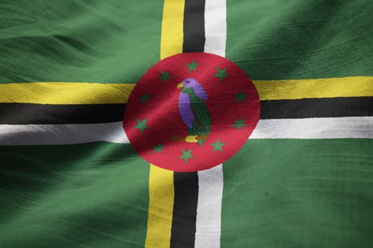 Closeup of Ruffled Dominica Flag, Dominica Flag Blowing in Wind