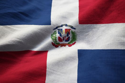 Closeup of Ruffled Dominican Republic Flag, Dominican Republic Flag Blowing in Wind