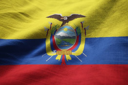 Closeup of Ruffled Ecuador Flag, Ecuador Flag Blowing in Wind