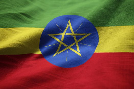 Closeup of Ruffled Ethiopia Flag, Ethiopia Flag Blowing in Wind