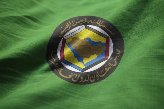 Closeup of Ruffled Gulf Cooperation Council Flag, GCC Flag Blowing in Wind