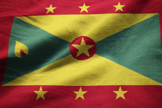 Closeup of Ruffled Grenada Flag, Grenada Flag Blowing in Wind