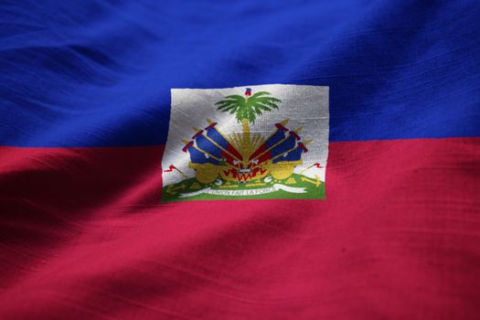 Closeup of Ruffled Haiti Flag, Haiti Flag Blowing in Wind