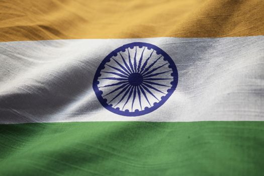 Closeup of Ruffled India Flag, India Flag Blowing in Wind