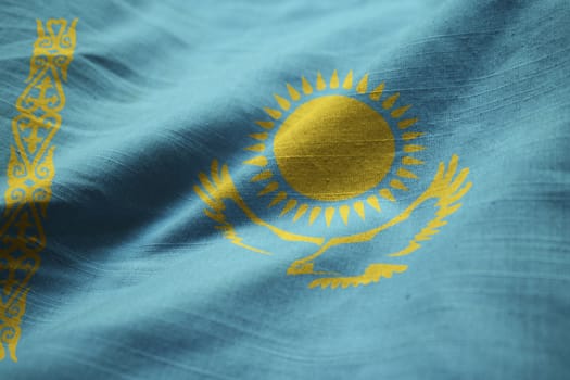 Closeup of Ruffled Kazakhstan Flag, Kazakhstan Flag Blowing in Wind