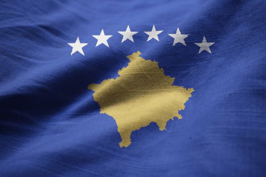 Closeup of Ruffled Kosovo Flag, Kosovo Flag Blowing in Wind