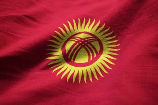 Closeup of Ruffled Kyrgyzstan Flag, Kyrgyzstan Flag Blowing in Wind