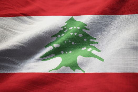 Closeup of Ruffled Lebanon Flag, Lebanon Flag Blowing in Wind