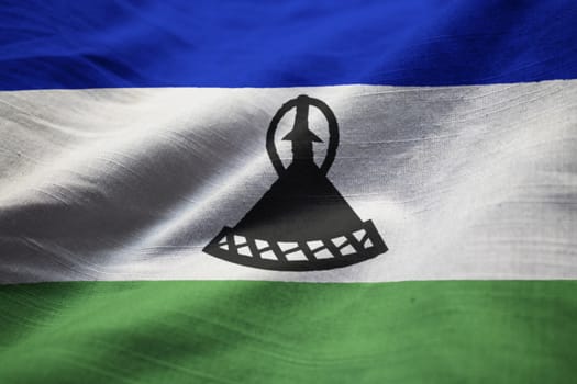 Closeup of Ruffled Lesotho Flag, Lesotho Flag Blowing in Wind