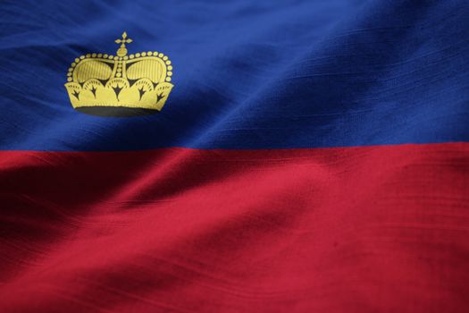 Closeup of Ruffled Liechtenstein Flag, Liechtenstein Flag Blowing in Wind