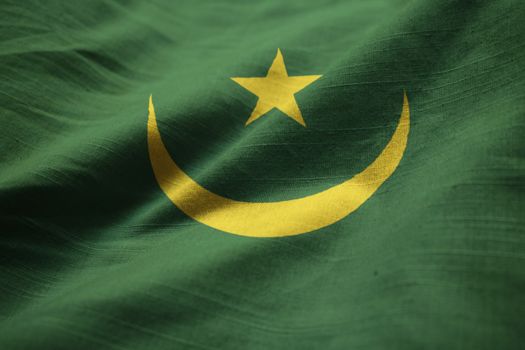 Closeup of Ruffled Mauritania Flag, Mauritania Flag Blowing in Wind