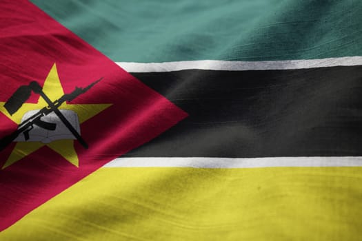 Closeup of Ruffled Mozambique Flag, Mozambique Flag Blowing in Wind