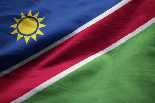 Closeup of Ruffled Namibia Flag, Namibia Flag Blowing in Wind