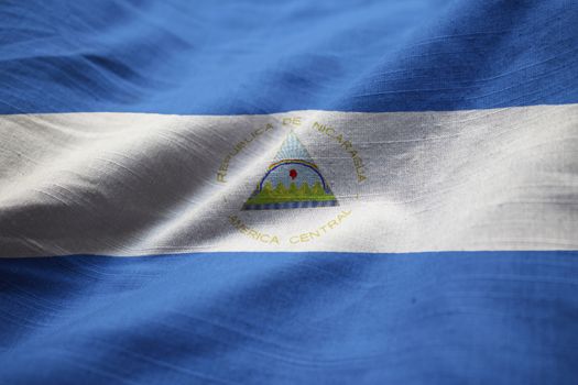 Closeup of Ruffled Nicaragua Flag, Nicaragua Flag Blowing in Wind