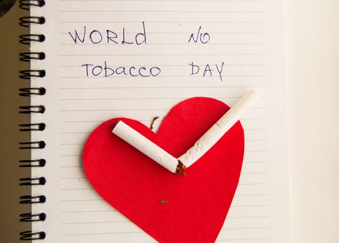 World day Smoking cessation, quit Smoking, anti-Smoking concept, broken cigarette on red heart and words world no tobacco day.
